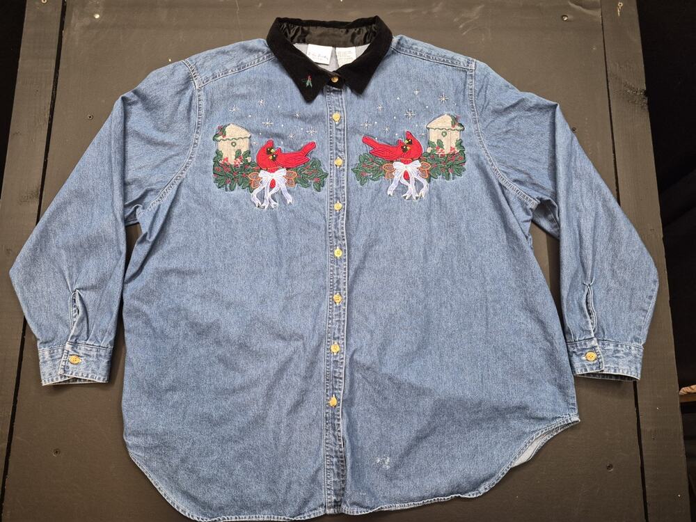 Vtg Womens Bobbie Brooks Embroidered Christmas Cardinals Denim Shirt XXL